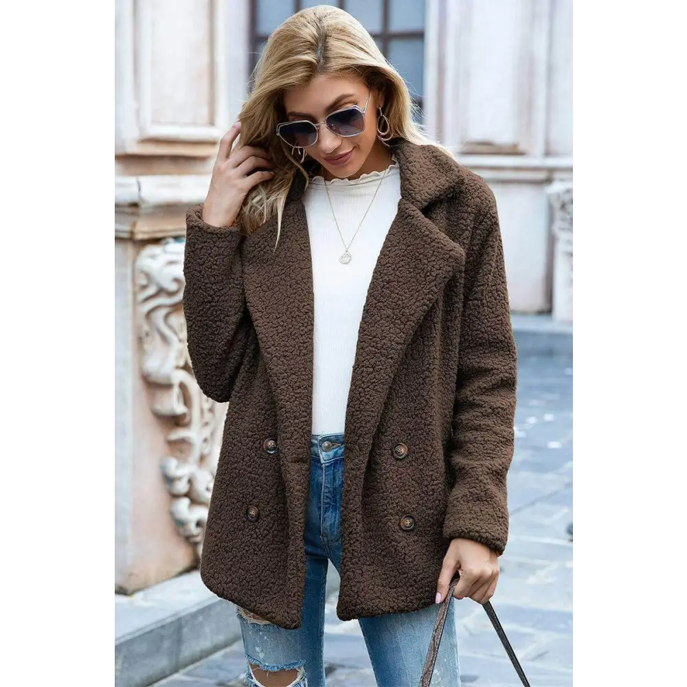 Elevate your style with the ivy lane luxury sherpa coat $35 pattern solid casual, urban double-breasted, pocketed lapel