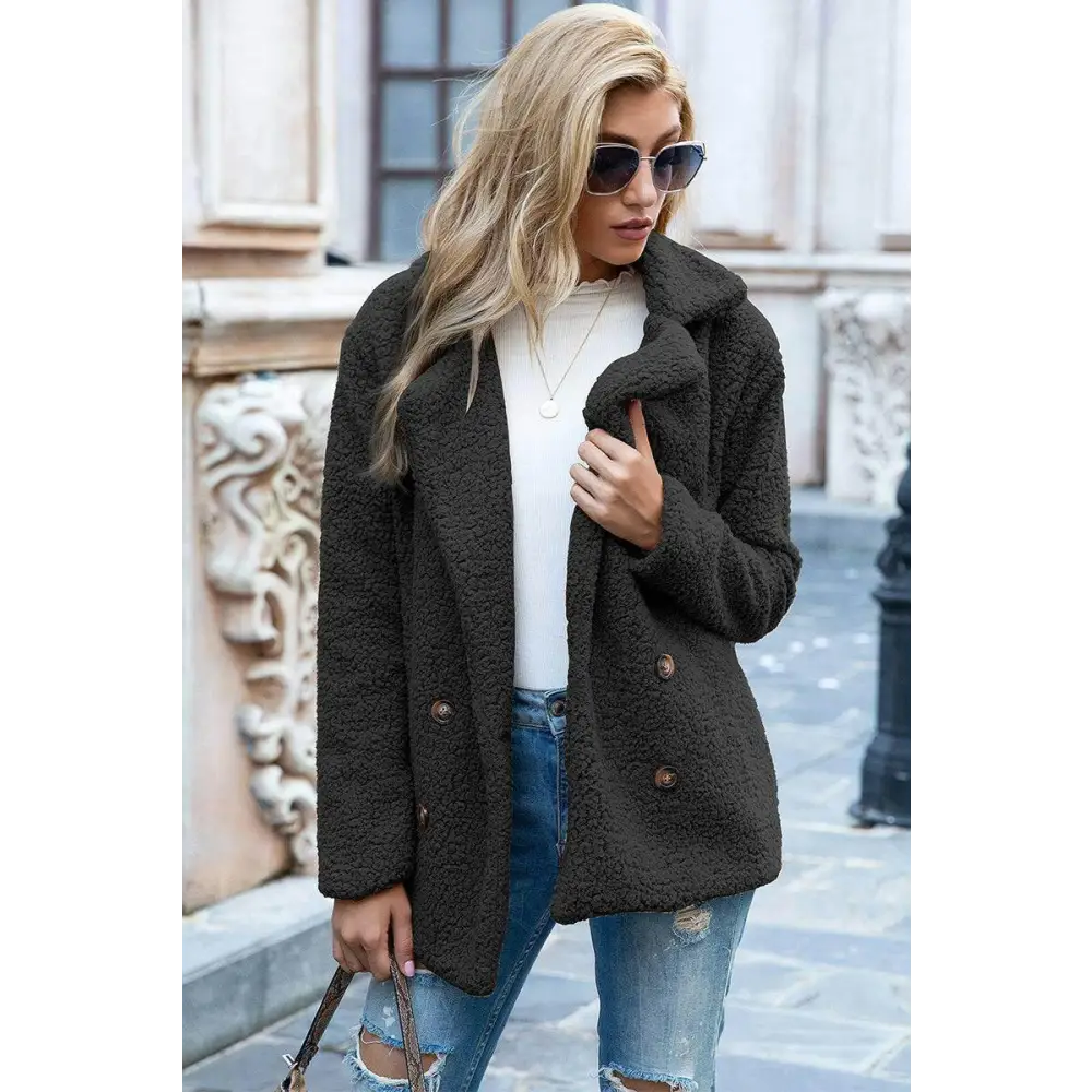 Elevate your style with the ivy lane luxury sherpa coat $35 pattern solid casual, urban double-breasted, pocketed lapel