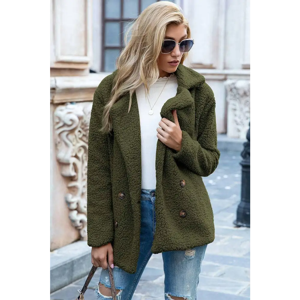 Elevate your style with the ivy lane luxury sherpa coat $35 pattern solid casual, urban double-breasted, pocketed lapel