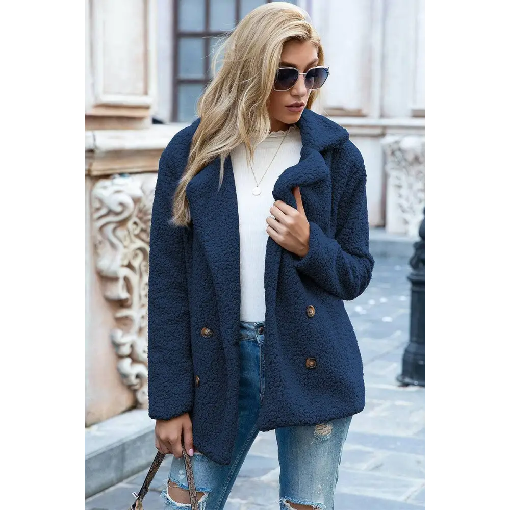 Elevate your style with the ivy lane luxury sherpa coat $35 pattern solid casual, urban double-breasted, pocketed lapel