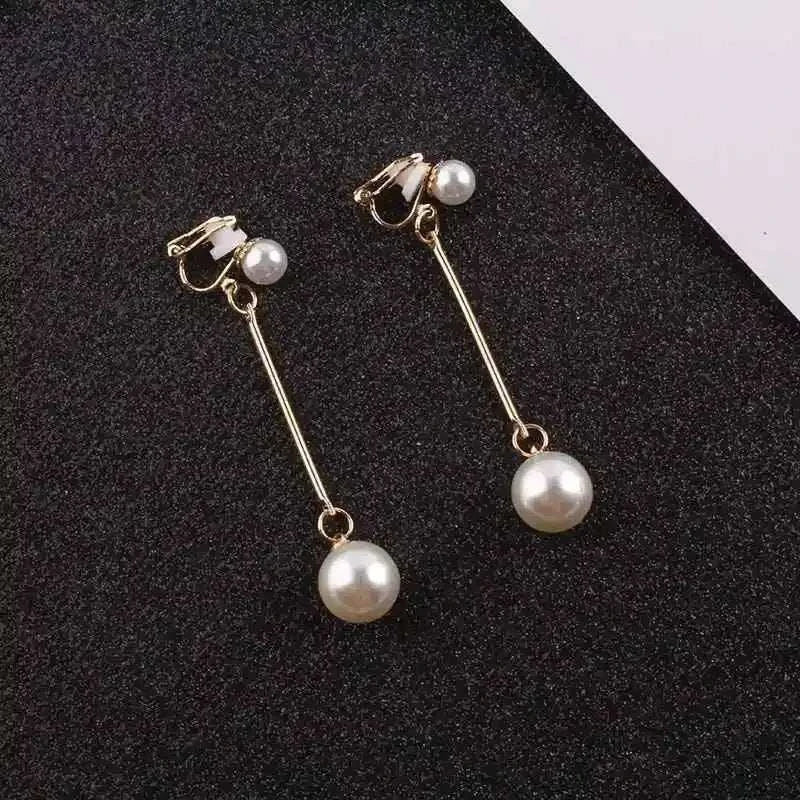 JIOFREE Fashion gold-tone clip on earrings with long bar and two white imitation pearl beads for elegant style