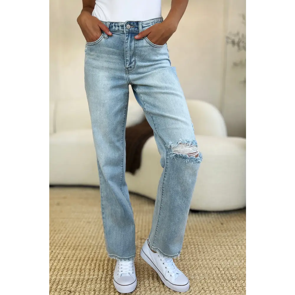 Elevate your wardrobe with judy blue high waist distressed straight jeans $55.99 elevate your wardrobe with these high