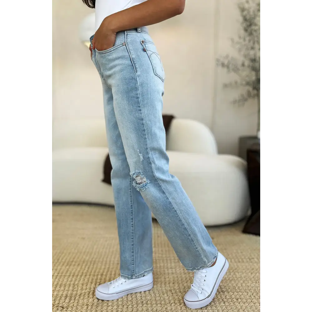 Elevate your wardrobe with judy blue high waist distressed straight jeans $55.99 elevate your wardrobe with these high