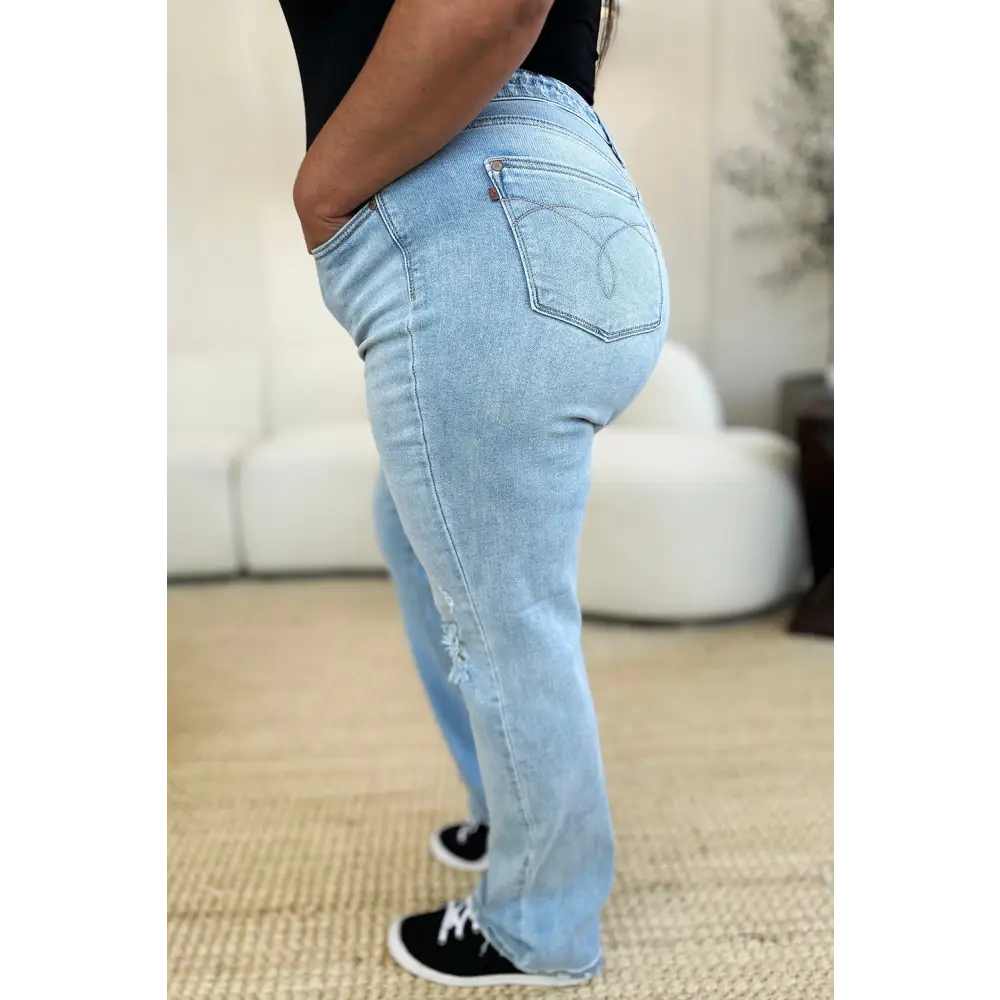 Elevate your wardrobe with judy blue high waist distressed straight jeans $55.99 elevate your wardrobe with these high