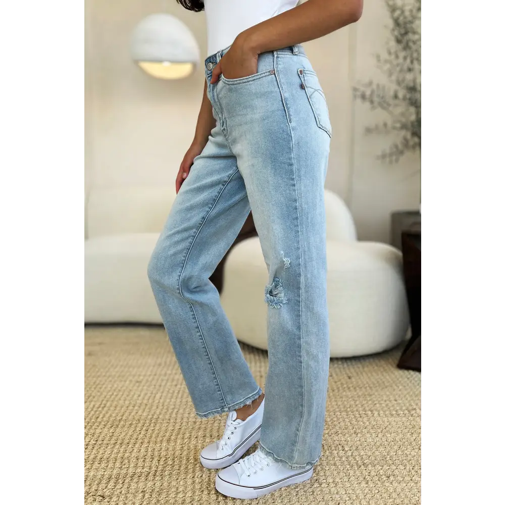 Elevate your wardrobe with judy blue high waist distressed straight jeans $55.99 elevate your wardrobe with these high