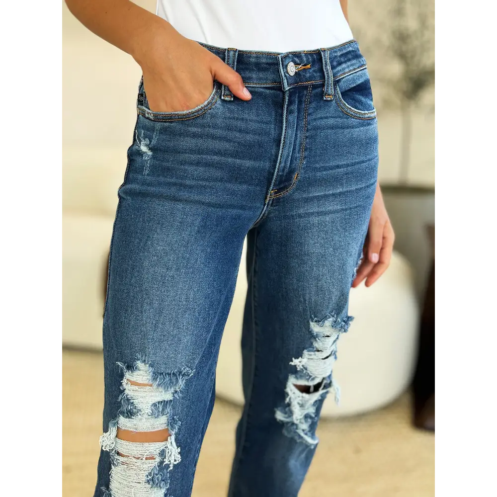 Chic judy blue distressed raw hem jeans in luxury fashion for women $46.99 these mid rise distressed raw hem jeans