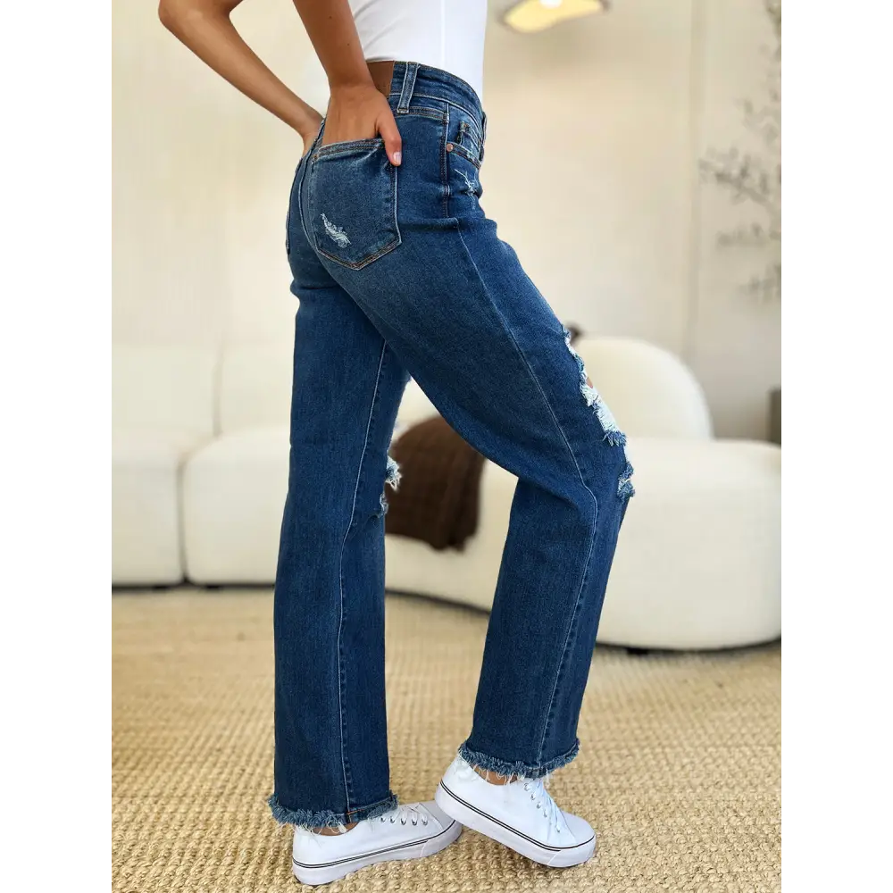 Chic judy blue distressed raw hem jeans in luxury fashion for women $46.99 these mid rise distressed raw hem jeans