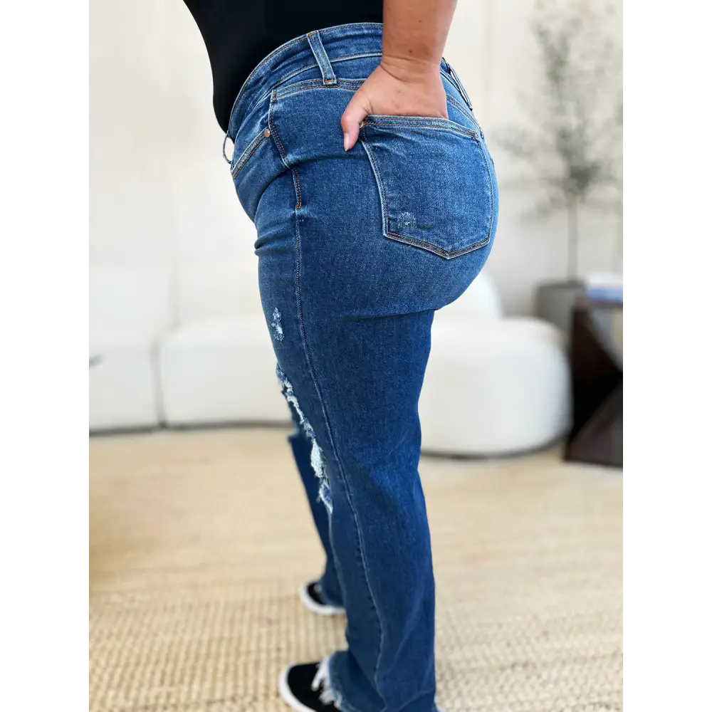 Chic judy blue distressed raw hem jeans in luxury fashion for women $46.99 these mid rise distressed raw hem jeans