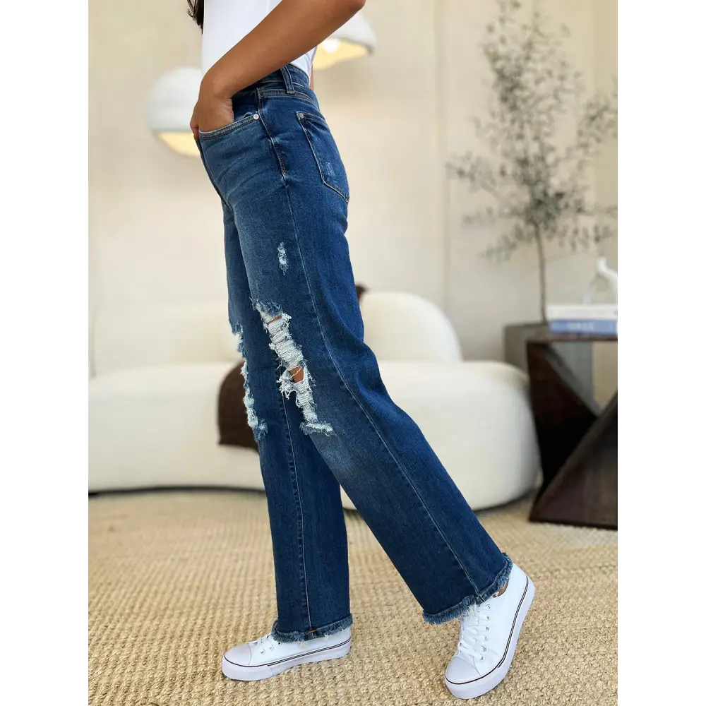 Chic judy blue distressed raw hem jeans in luxury fashion for women $46.99 these mid rise distressed raw hem jeans