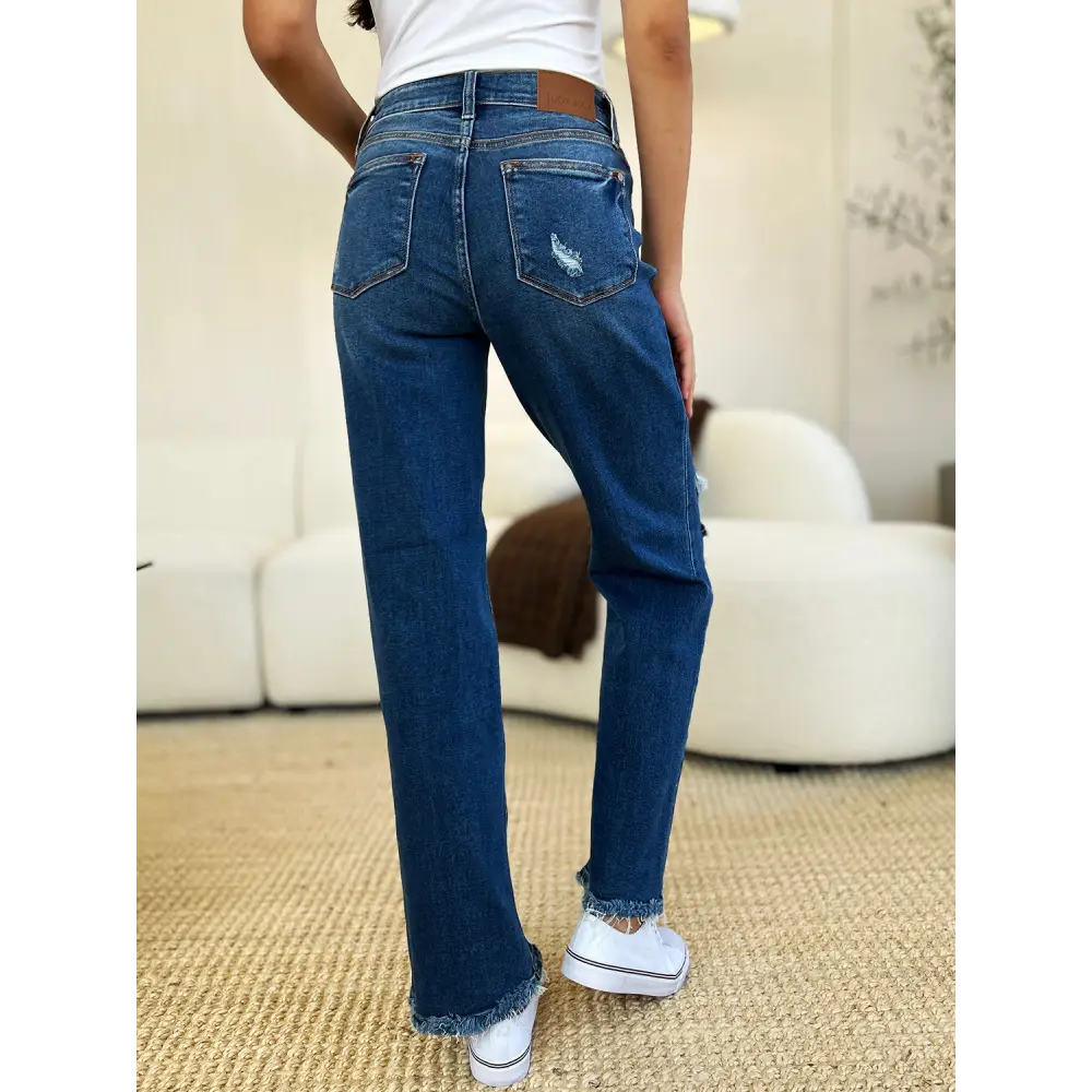 Chic judy blue distressed raw hem jeans in luxury fashion for women $46.99 these mid rise distressed raw hem jeans