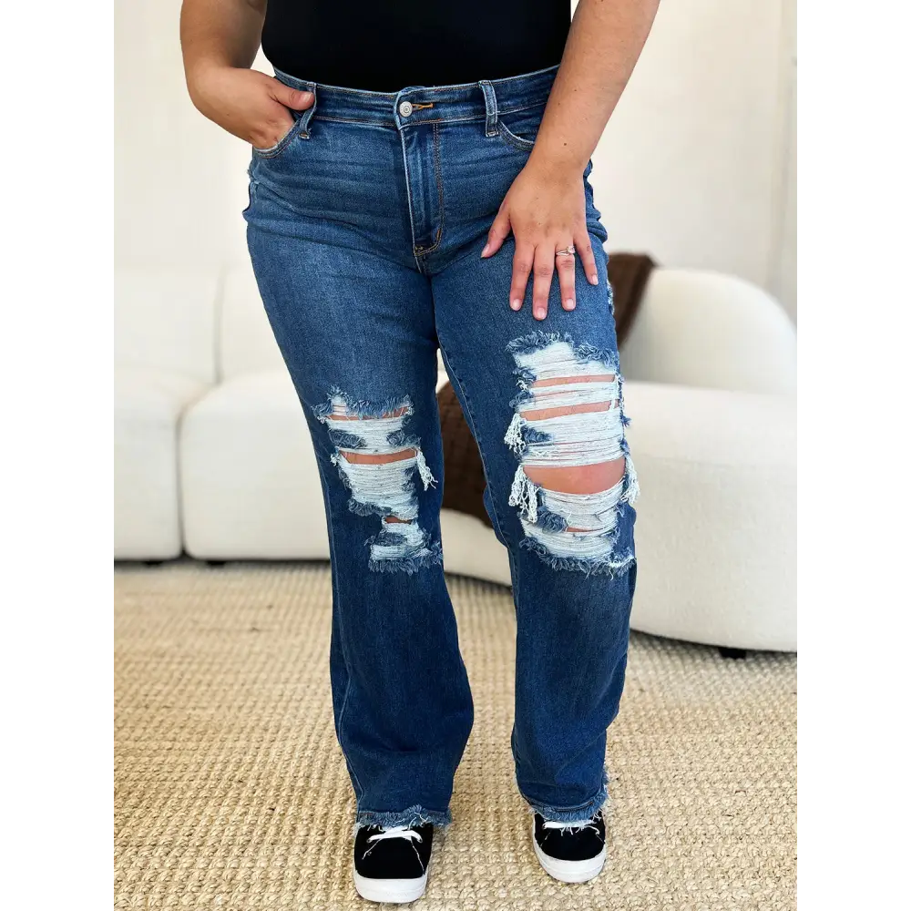 Chic judy blue distressed raw hem jeans in luxury fashion for women $46.99 these mid rise distressed raw hem jeans