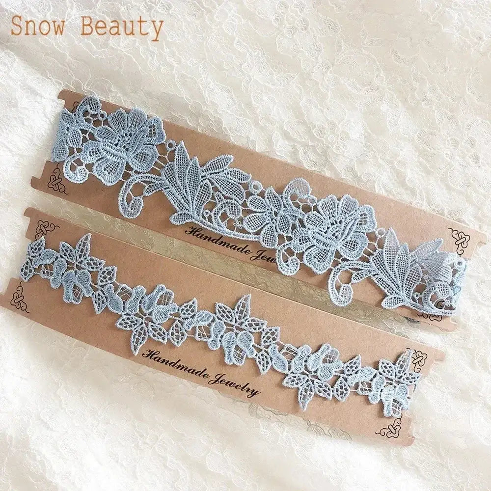 Sexy Lace Flower light blue lace floral appliques garter belts on brown handmade jewelry cards