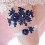 Sexy Lace Flower blue lace floral appliqué garter belt with crystal pearl accents on sheer thigh band