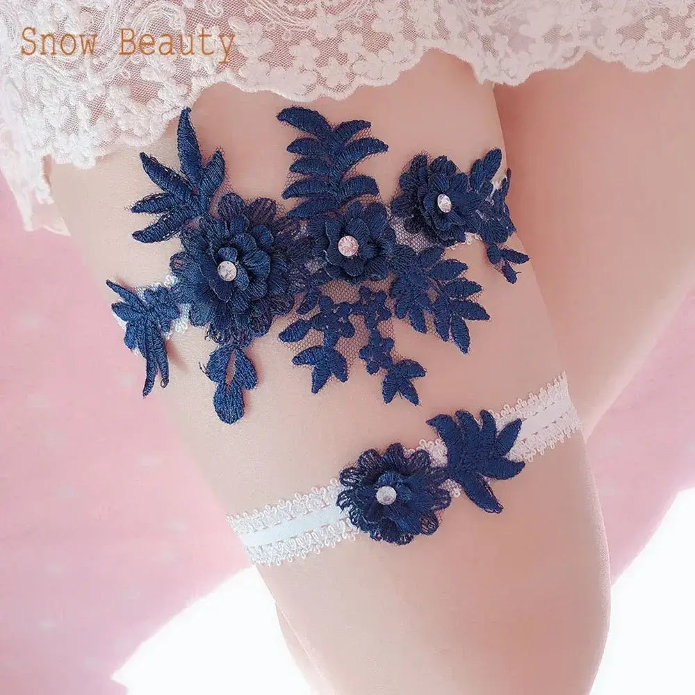Sexy Lace Flower blue lace floral appliqué garter belt with crystal pearl accents on sheer thigh band