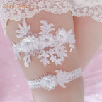 Sexy Lace Flower white lace bridal garter belt set with floral appliques and crystal pearls on thigh