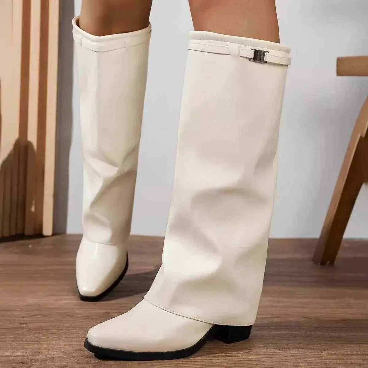 Knee-High Block Heel Boots in white PU leather with a square toe, low black block heel, and ankle strap detail.