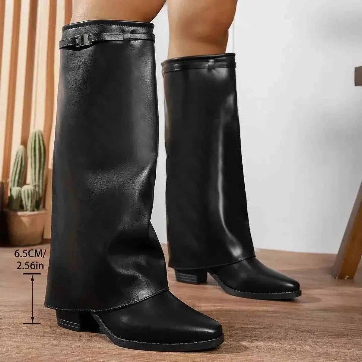Knee-High Block Heel Boots in black PU leather with a low block heel and a small decorative strap at the top