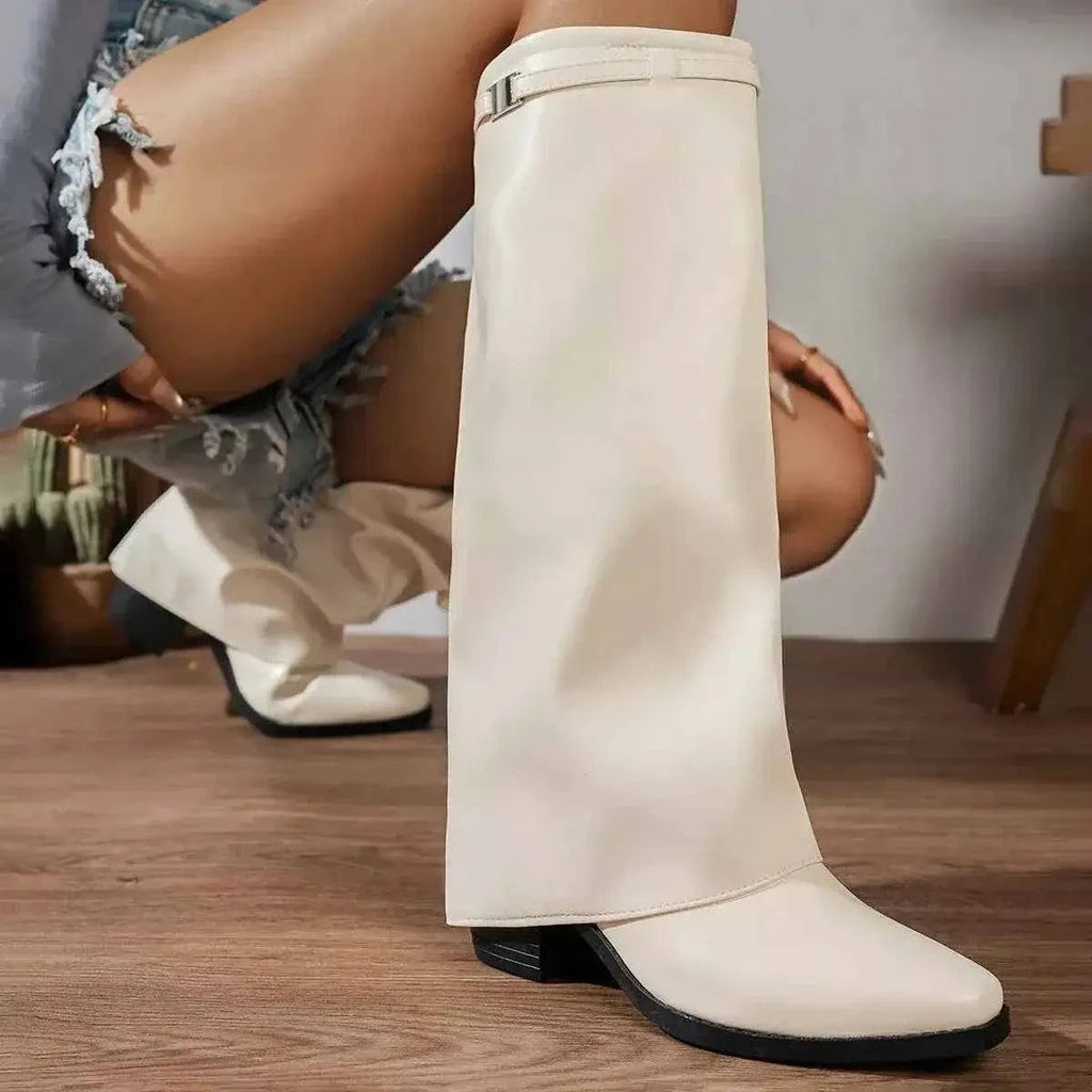 Knee-High Block Heel Boots in off-white PU leather with a smooth finish, square toe, and black block heel detail.