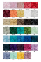 Fabric color swatches with smooth satin texture including various shades like beige, pink, blue, green, and yellow in a grid layout