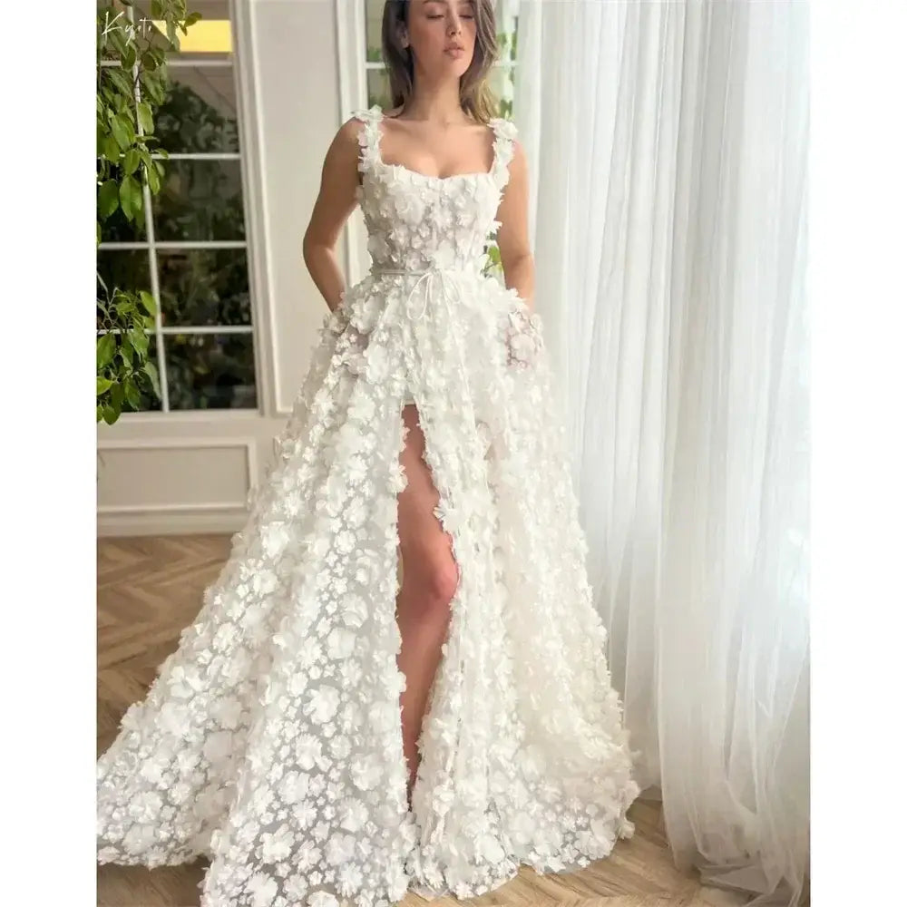 Kyoto Beige Wedding Dress with 3D floral appliques, sleeveless design, scoop neckline, and a front high slit in textured fabric