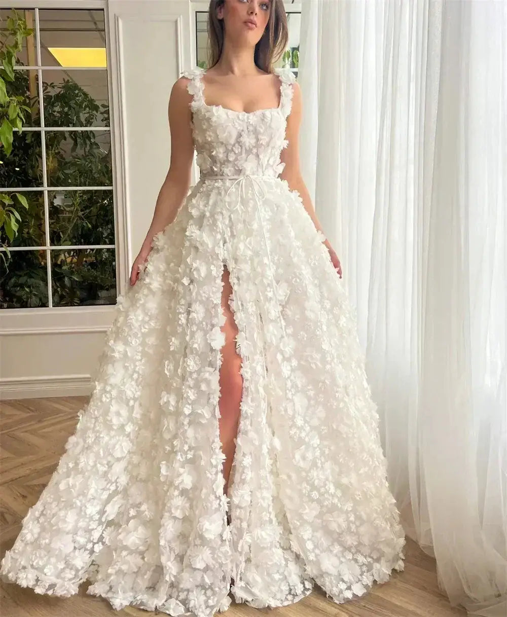 Kyoto Beige Wedding Dress featuring a floor-length silk satin A-line design with 3D floral appliques and a front slit
