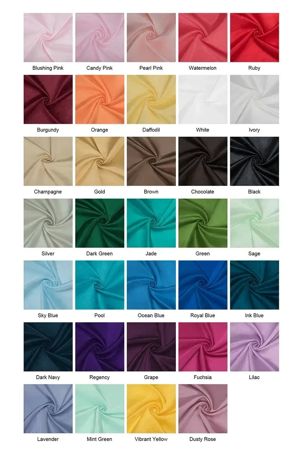 Kyoto Customized Lace fabric color swatches including shades of pink, red, peach, orange, yellow, white, brown, black, green, blue, purple, and more