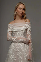 Kyoto Customized Lace off-the-shoulder wedding dress with floral lace appliques and sheer long sleeves in white