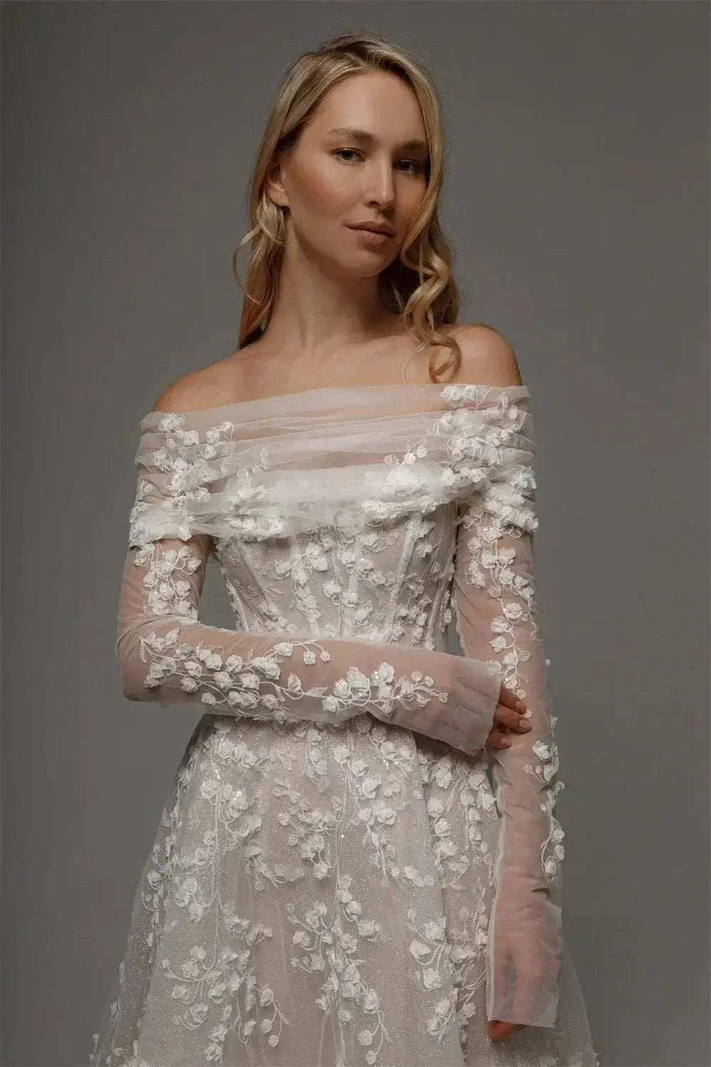 Kyoto Customized Lace off-the-shoulder wedding dress with floral lace appliques and sheer long sleeves in white