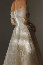 Kyoto Customized Lace off-shoulder wedding dress with sheer long sleeves and floral lace appliques on skirt