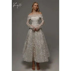 Kyoto Customized Lace elegant off-the-shoulder wedding dress with long detachable sleeves and floral lace appliques