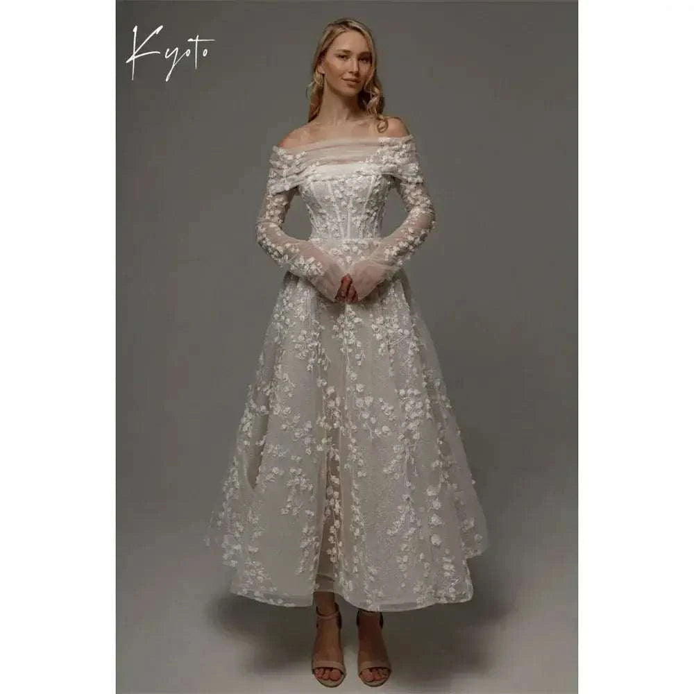 Kyoto Customized Lace elegant off-the-shoulder wedding dress with long detachable sleeves and floral lace appliques