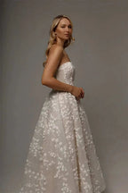 Kyoto Customized Lace strapless white wedding dress with floral appliques and ankle-length A-line skirt