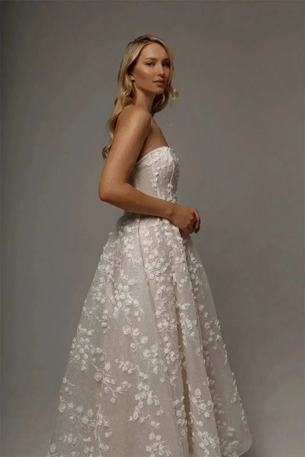Kyoto Customized Lace strapless white wedding dress with floral appliques and ankle-length A-line skirt