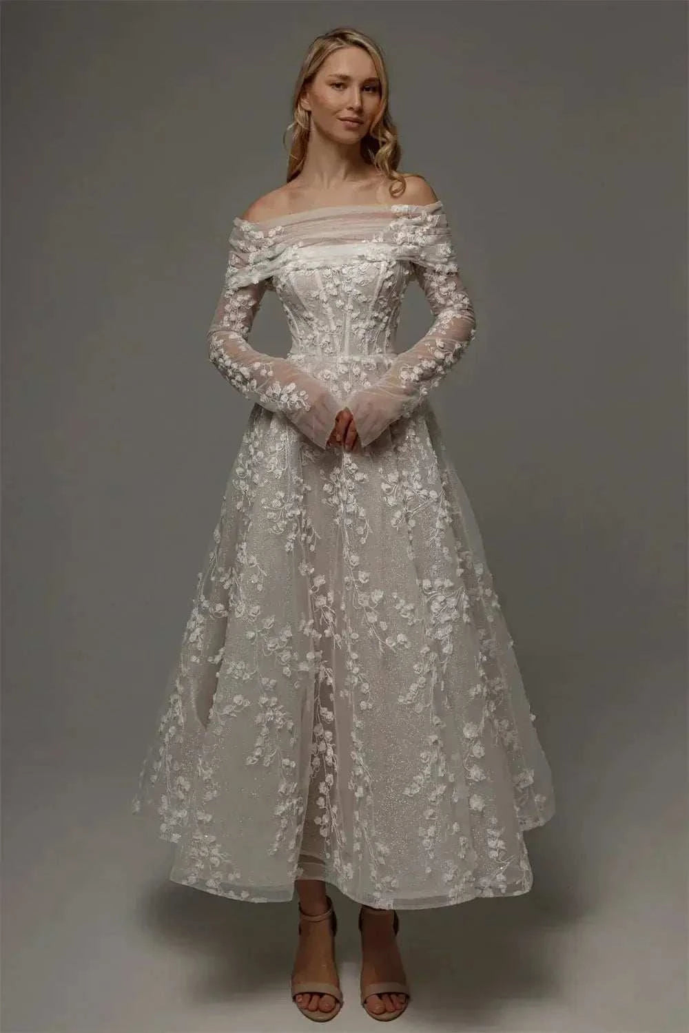Kyoto Customized Lace white off-the-shoulder wedding dress with floral appliques, long sheer sleeves, and ankle-length A-line skirt