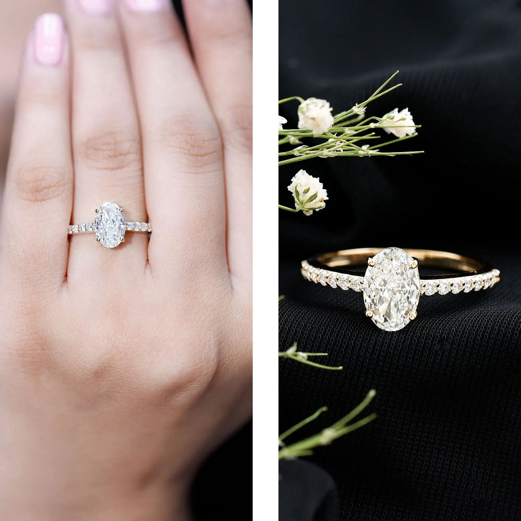 Lab Grown Diamond 2 carat oval engagement ring with prong setting and round side stones on gold band