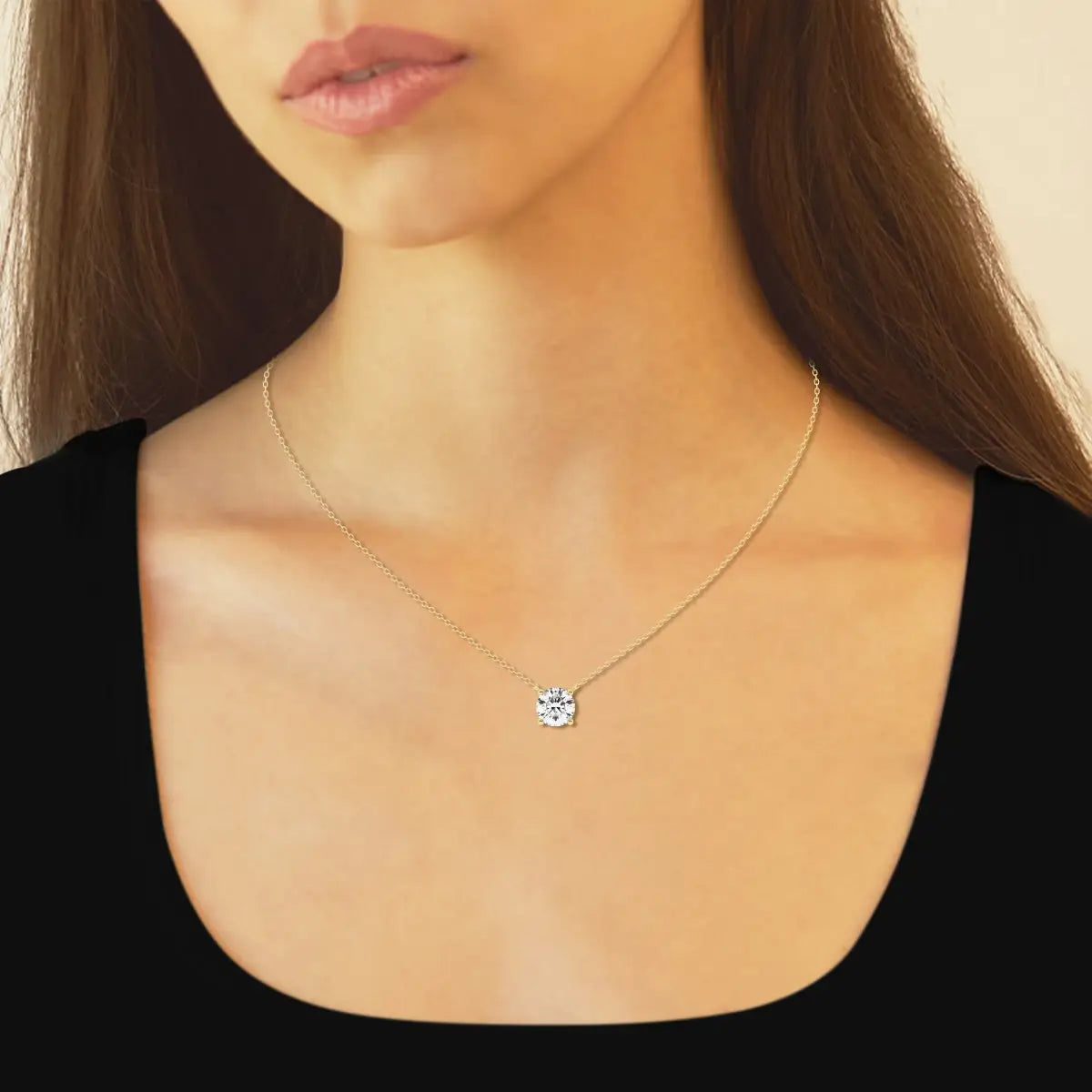 Lab Grown Diamond 2 ct round solitaire pendant in 14K white gold with prong setting on delicate cable chain