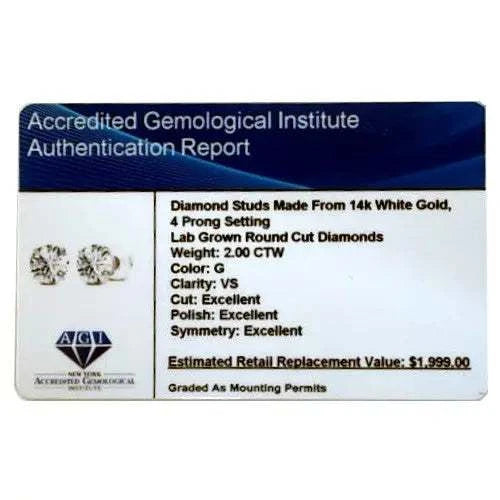 lab-grown diamond stud earrings with 2.00 CTW round cut diamonds, G color, VS clarity, set in 14K white gold four-prong setting