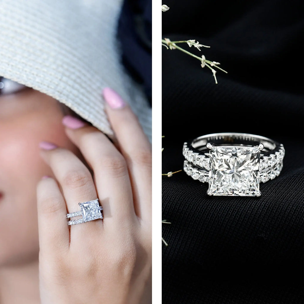 Lab Grown Diamond solitaire bridal ring set with 5 carat princess cut center stone and round side stones in prong setting