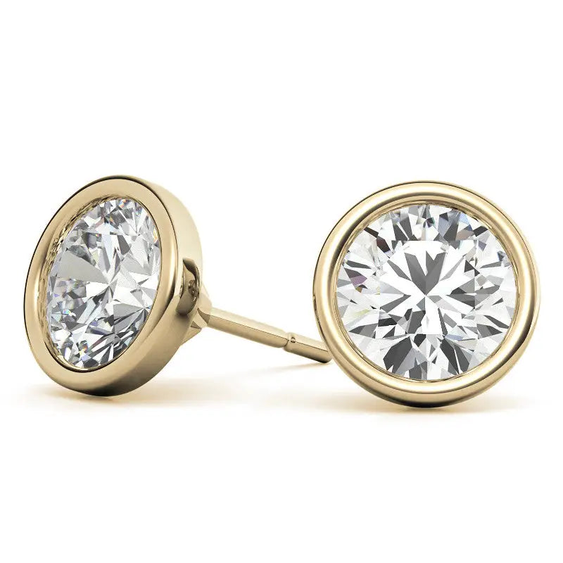 Lab grown diamond bezel stud earrings in 14K yellow gold featuring round brilliant cut stones with secure modern setting