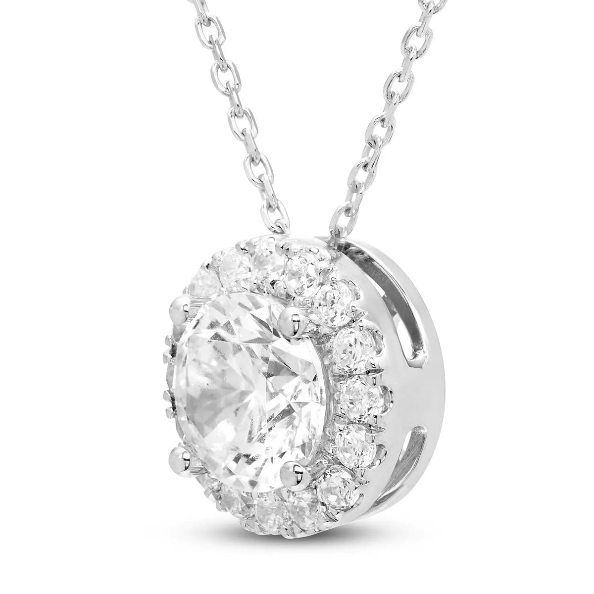 Lab-Grown Diamond Halo Pendant featuring a round brilliant-cut center diamond surrounded by smaller diamonds on a 14kt white gold chain