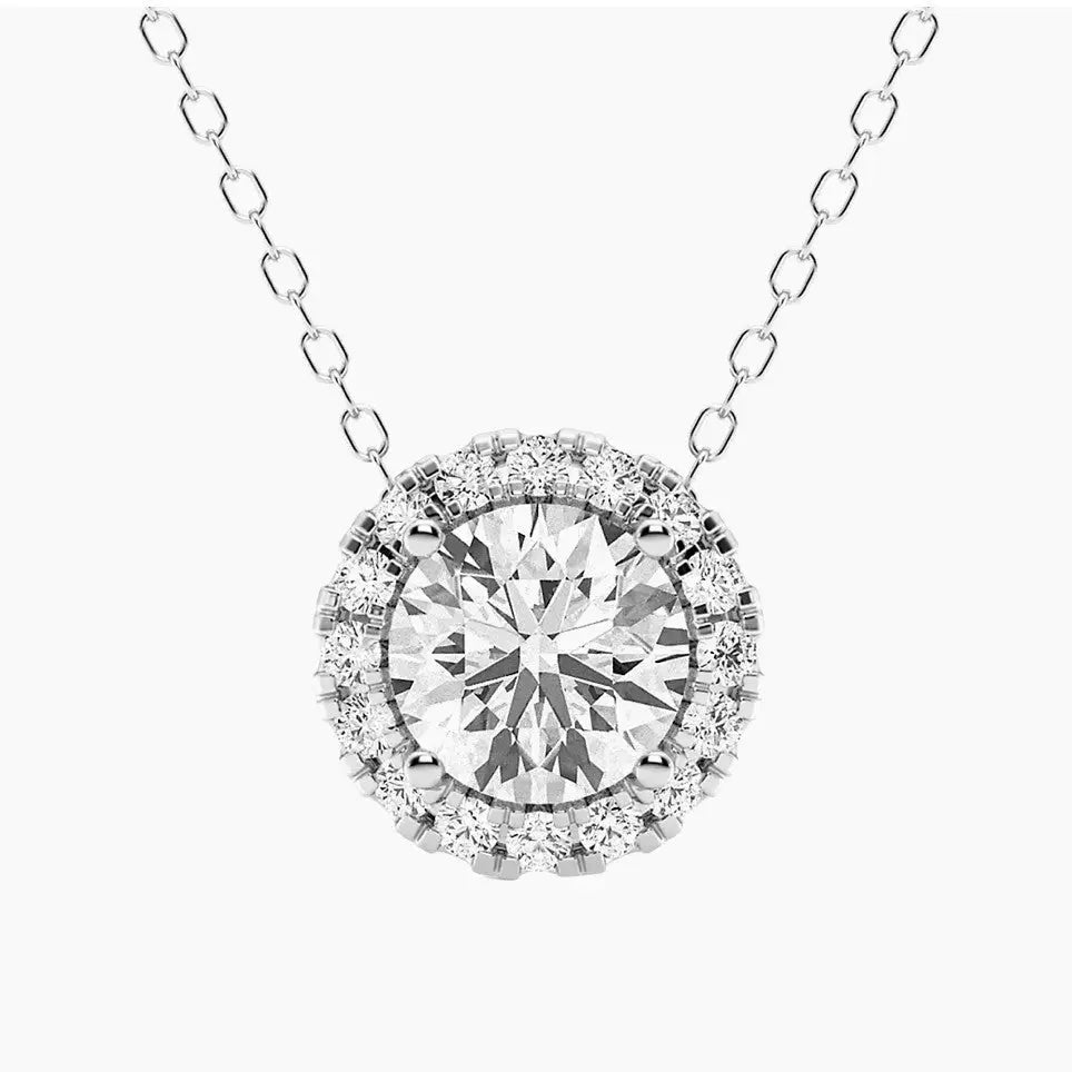Lab-Grown Diamond Halo Pendant featuring a round brilliant-cut center stone surrounded by smaller diamonds in 14kt white gold