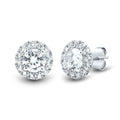 Lab grown diamond halo stud earrings in 14K white gold with round brilliant-cut stones and sparkling halo accents