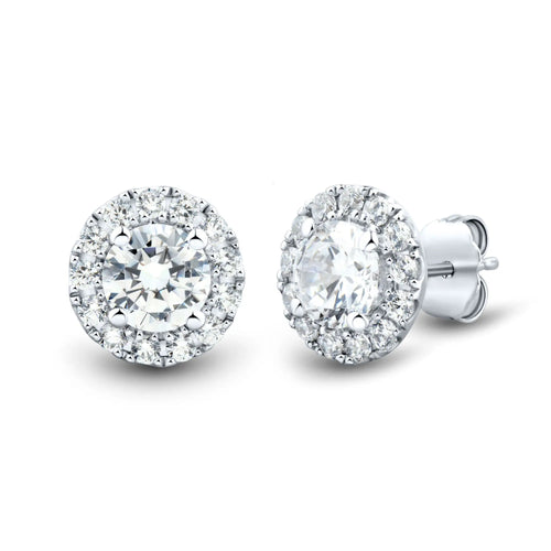 Lab grown diamond halo stud earrings in 14K white gold with round brilliant-cut stones and sparkling halo accents