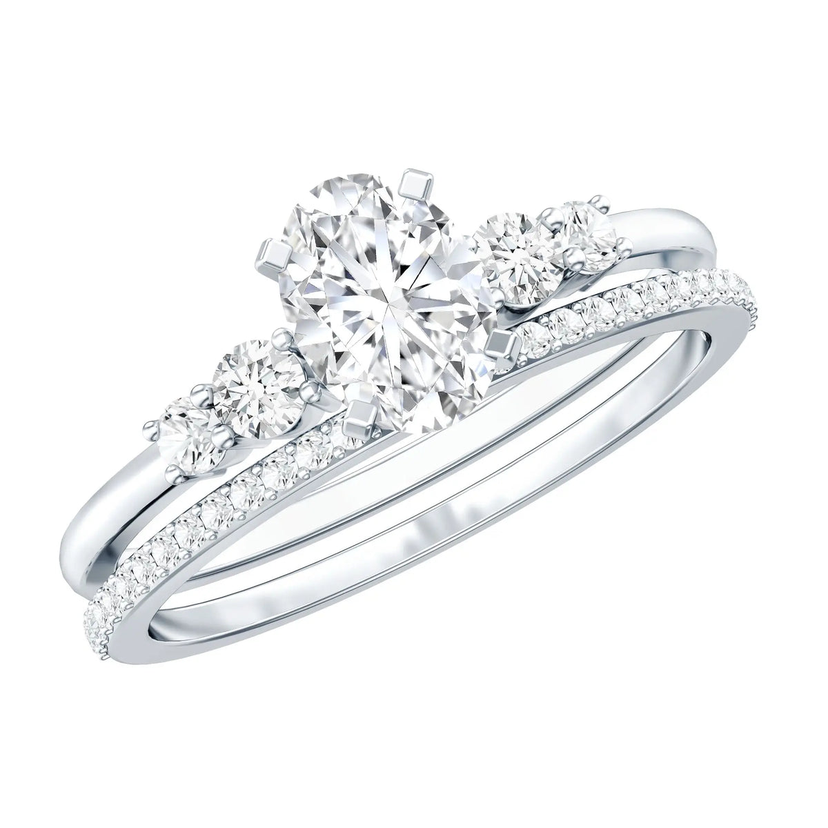 Lab Grown Diamond bridal set with oval center stone and round side stones in polished white metal wedding band
