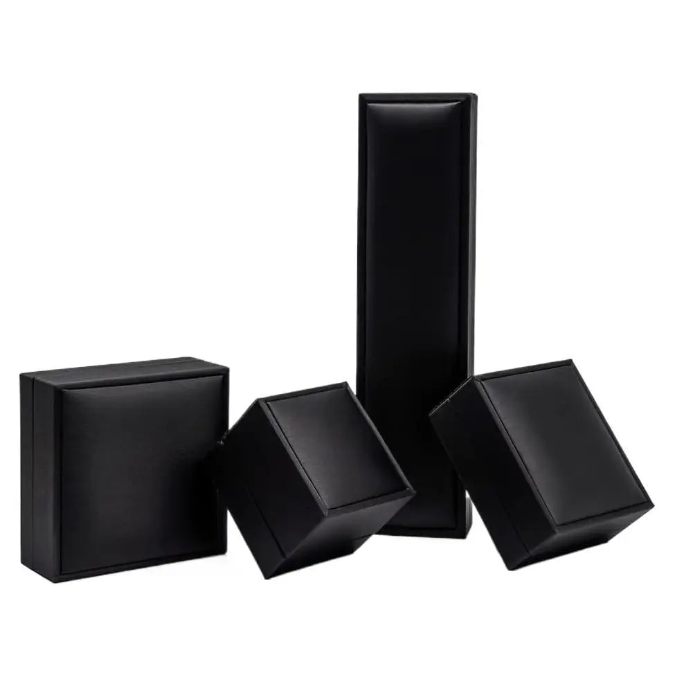 lab grown diamond packaging boxes set in black faux leather with cushioned interiors for pendant necklace and jewelry