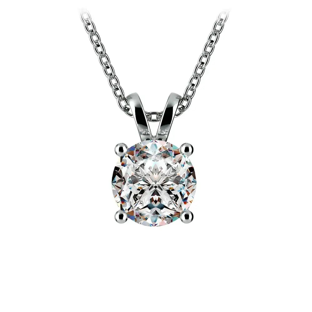 lab grown diamond pendant with a round-cut clear diamond set in 14K white gold prong setting on a linked chain