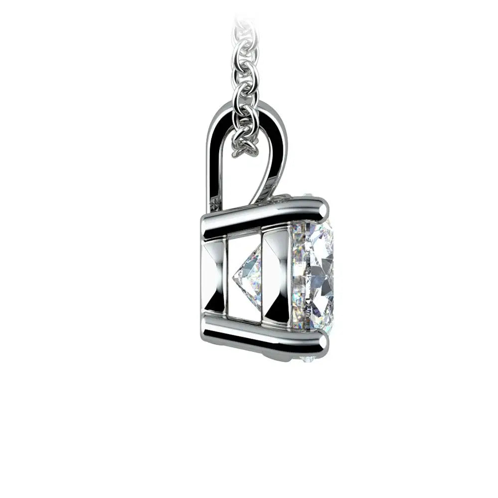 lab grown diamond pendant with a round brilliant cut sparkling diamond set in a polished white gold prong setting and chain