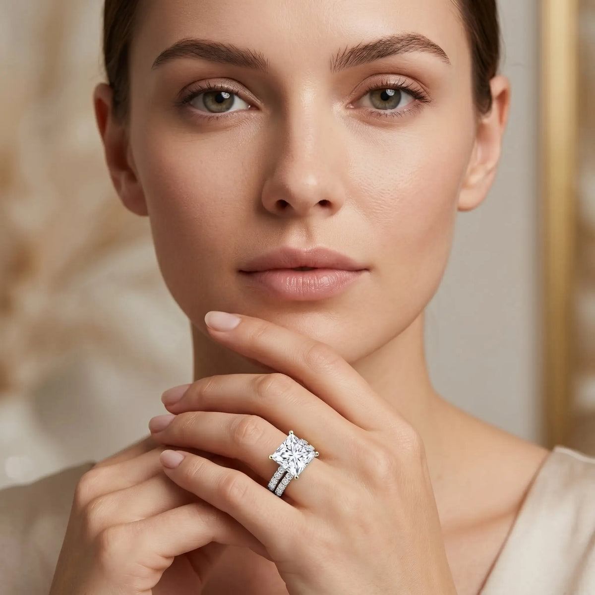 Lab Grown Diamond engagement ring set with 5 carat princess cut solitaire and sparkling side stones in silver metal