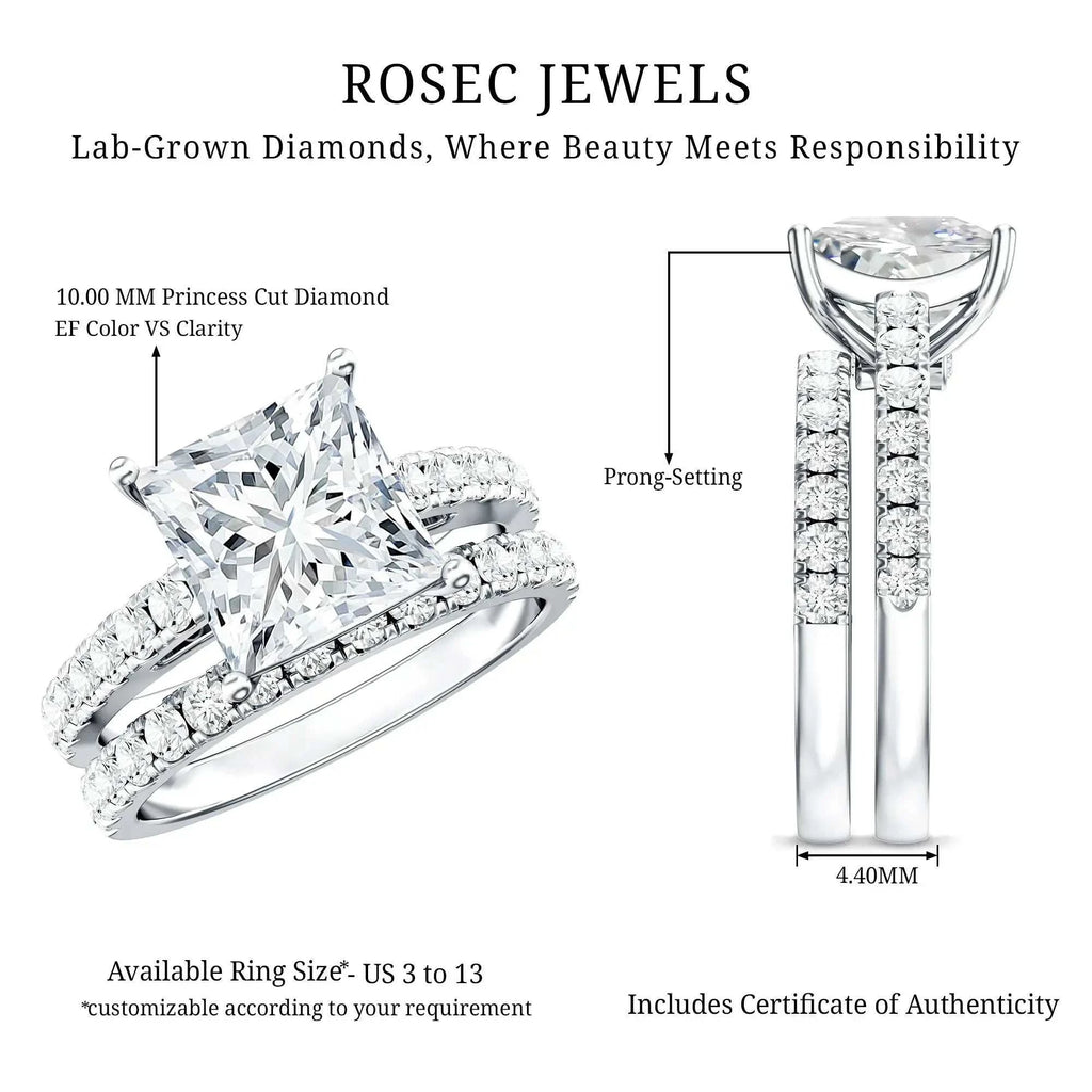 Lab Grown Diamond bridal ring set featuring a 10mm princess cut center stone with prong setting and sparkling round side stones