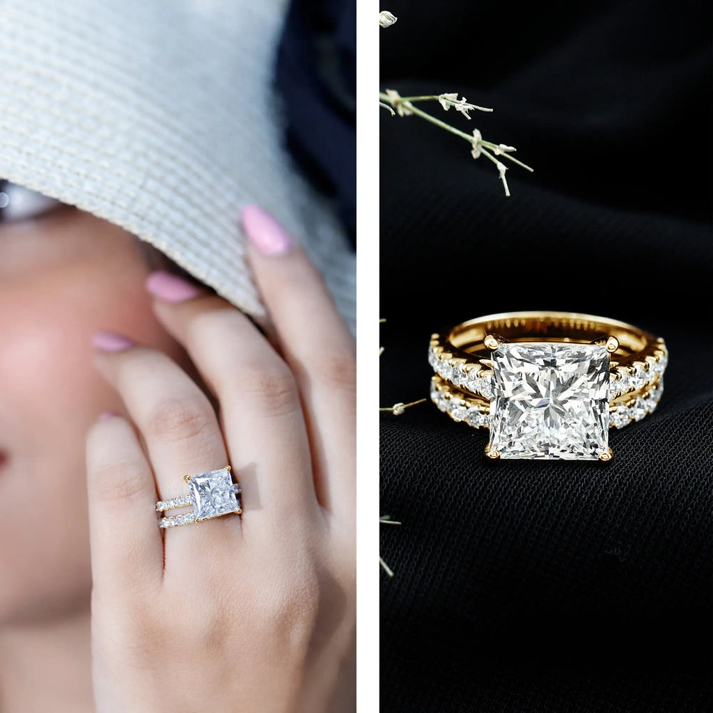 Lab Grown Diamond engagement ring set with large princess cut center stone and sparkling round side stones in gold prong setting